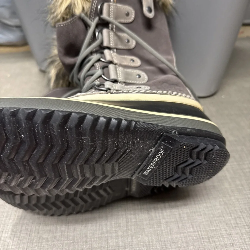 Sorel Joan of Arctic Gray Leather Winter Boots 7 /38 Eu Faux Fur‎ Warn